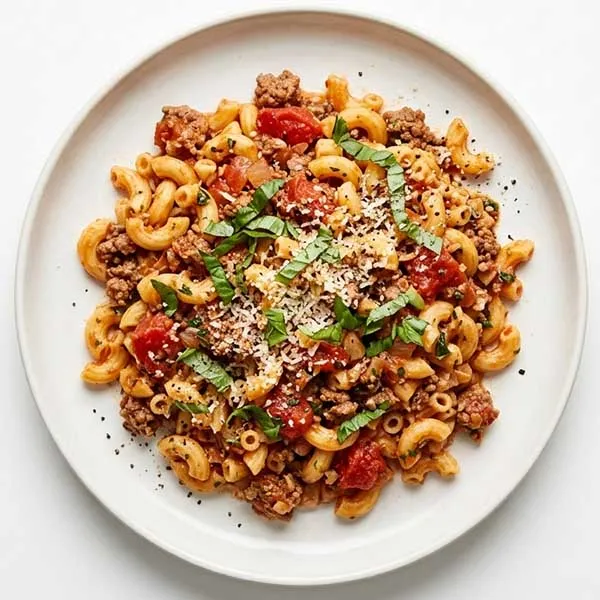 Basil pomodoro beef and marconi